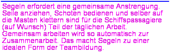 Textfeld: Segeln erfordert eine gemeinsame Anstrengung. Seile anziehen, Schoten bedienen und selber auf die Masten klettern sind f�r die Schiffspassagiere (auf Wunsch) Teil der t�glichen Arbeit. Gemeinsam arbeiten wird so automatisch zur Zusammenarbeit. Das macht Segeln zu einer idealen Form der Teambildung.
